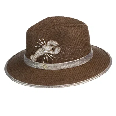 Laines London Women's Brown Straw Woven Hat With Pearl Beaded Lobster - Caramel
