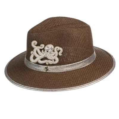 Laines London Women's Brown Straw Woven Hat With Pearl Beaded Octopus - Caramel