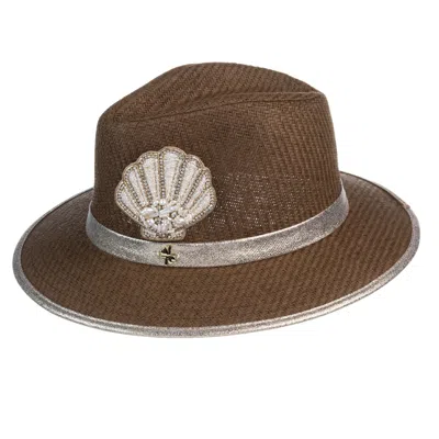 Laines London Women's Brown Straw Woven Hat With Pearl Beaded Shell - Caramel