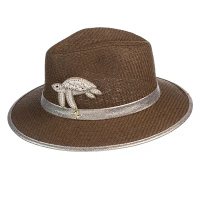 Laines London Women's Brown Straw Woven Hat With Pearl Beaded Turtle - Caramel