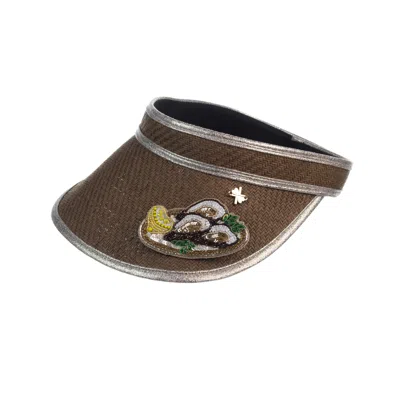 Laines London Women's Brown Straw Woven Visor Embellished With Handmade Oyster Brooch - Toffee