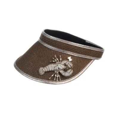 Laines London Women's Brown Straw Woven Visor With Beaded Lobster Brooch - Toffee