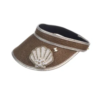 Laines London Women's Brown Straw Woven Visor With Beaded Shell Brooch - Toffee