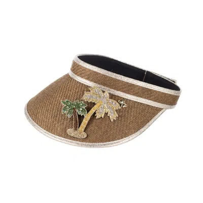 Laines London Women's Brown Straw Woven Visor With Couture Embellished Golden Palm Tree Brooch - Caramel