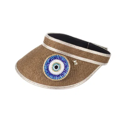 Laines London Women's Brown Straw Woven Visor With Embellished Couture Evil Eye Brooch - Caramel