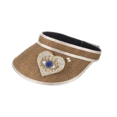 Laines London Women's Brown Straw Woven Visor With Embellished Couture Gold & Blue Heart Eye Brooch - Caramel In Multi