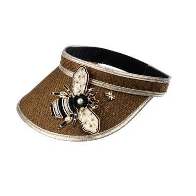 Laines London Women's Brown Straw Woven Visor With Embellished Cream & Gold Bee Brooch - Toffee