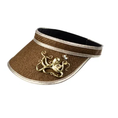 Laines London Women's Brown Straw Woven Visor With Gold Metal Octopus Brooch - Caramel In Gray