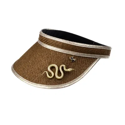 Laines London Women's Brown Straw Woven Visor With Gold Metal Snake Brooch - Caramel In Burgundy