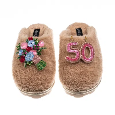 Laines London Women's Brown Teddy Closed Toe Slippers With 50th Birthday & Flowers Brooches - Toffee