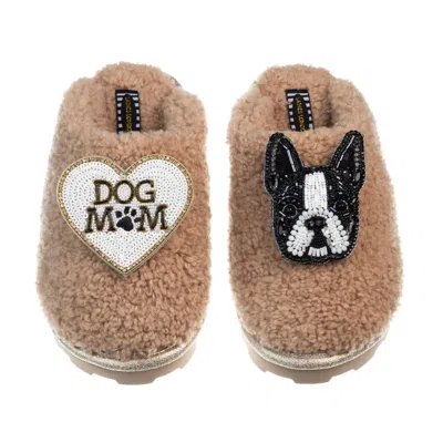 Laines London Women's Brown Teddy Closed Toe Slippers With Buddy The Boston Terrier & Dog Mum / Mom Brooches - Tof