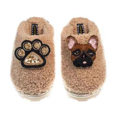Laines London Women's Brown Teddy Closed Toe Slippers With Cookie The Frenchie & Paw Brooches - Toffee