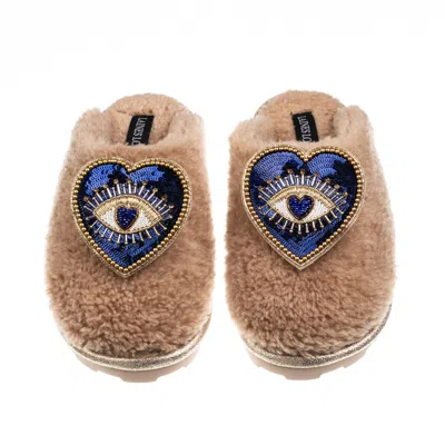 Laines London Women's Brown Teddy Closed Toe Slippers With Double Blue Heart Eye Brooches - Toffee