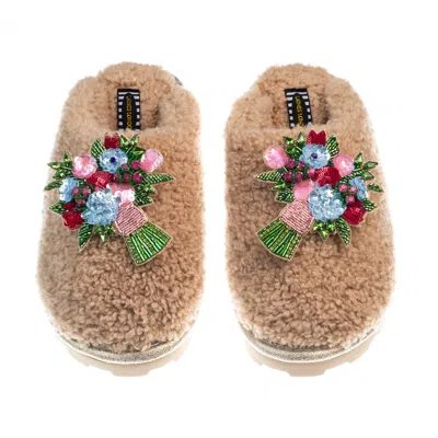 Laines London Women's Brown Teddy Closed Toe Slippers With Double Flower Bouquet Brooches - Toffee
