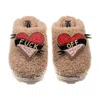 Laines London Women's Brown Teddy Closed Toe Slippers With Fuck Off Brooches - Toffee In Brown