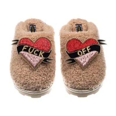 Laines London Women's Brown Teddy Closed Toe Slippers With Fuck Off Brooches - Toffee
