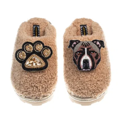 Laines London Women's Brown Teddy Closed Toe Slippers With Luna-rose Staffy & Paw Brooches - Toffee