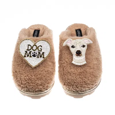 Laines London Women's Brown Teddy Closed Toe Slippers With Olive The Italian Greyhound & Dog Mum / Mom Brooches -