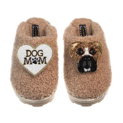 Laines London Women's Brown Teddy Closed Toe Slippers With Pip The Boxer & Dog Mum / Mom Brooches - Toffee