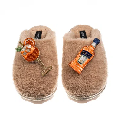Laines London Women's Brown Teddy Closed Toe Slippers With Summer Spritzer Brooches - Toffee