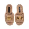 Laines London Women's Brown Teddy Slider Slippers With Laines Loveables Coffee & Croissant Brooches - Toffee In Brown