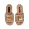 Laines London Women's Brown Teddy Slider Slippers With Laines Loveables Coffee & Pancakes Brooches - Toffee In Brown