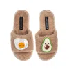 Laines London Women's Brown Teddy Slider Slippers With Laines Loveables Egg & Avocado Brooches - Toffee In Brown