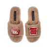 Laines London Women's Brown Teddy Slider Slippers With Laines Loveables Jam & Toast Brooches - Toffee In Brown