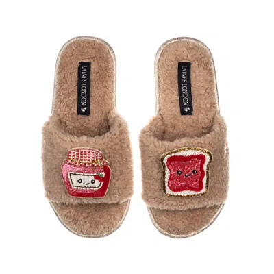 Laines London Women's Brown Teddy Slider Slippers With Laines Loveables Jam & Toast Brooches - Toffee