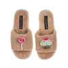 Laines London Women's Brown Teddy Slider Slippers With Laines Loveables Lollipop & Cupcake Brooches - Toffee In Brown
