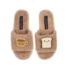 Laines London Women's Brown Teddy Slider Slippers With Laines Loveables Tea & Toast Brooches - Toffee In Brown