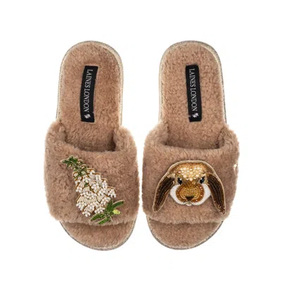 Laines London Women's Brown Teddy Toweling Slipper Sliders With Bunny & White Foxglove Flower Brooches - Toffee