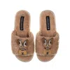 Laines London Women's Brown Teddy Toweling Slipper Sliders With Double Hare Brooches - Toffee In Brown