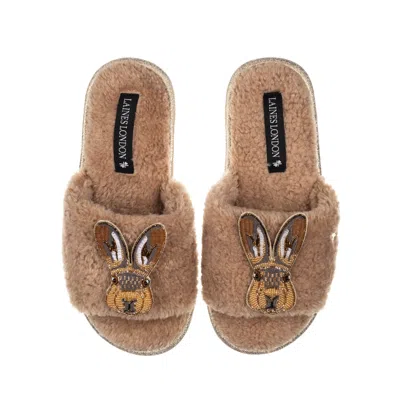 Laines London Women's Brown Teddy Toweling Slipper Sliders With Double Hare Brooches - Toffee