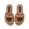 Laines London Women's Brown Teddy Toweling Slipper Sliders With Double Highland Cow Brooches - Toffee In Brown