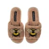 Laines London Women's Brown Teddy Toweling Slipper Sliders With Double Honeybee Brooches - Toffee In Brown