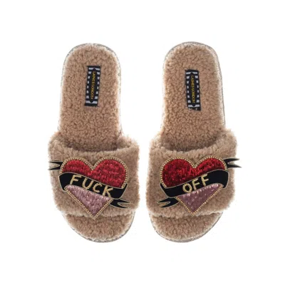 Laines London Women's Brown Teddy Toweling Slipper Sliders With Fuck Off Brooches - Toffee