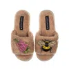 Laines London Women's Brown Teddy Toweling Slipper Sliders With Honeybee & Pink Foxglove Flowers Brooches - Toffee In Brown