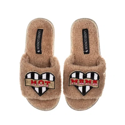 Laines London Women's Brown Teddy Toweling Slipper Sliders With Hot Mama Brooches - Toffee