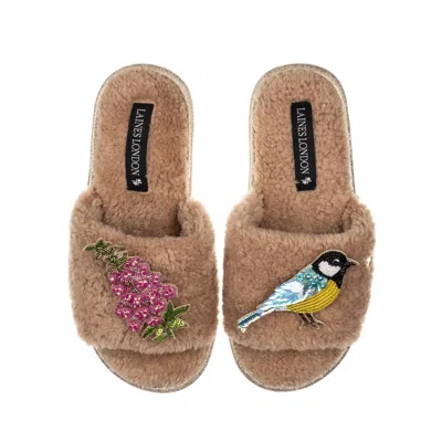 Laines London Women's Brown Teddy Toweling Slipper Sliders With Pink Foxglove Flowers & Blue Tit Brooches - Toffee