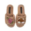 Laines London Women's Brown Teddy Toweling Slipper Sliders With Pink Foxglove Flowers & Fox Brooches - Toffee In Brown