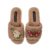 Laines London Women's Brown Teddy Toweling Slipper Sliders With White Foxglove Flowers & Butterfly Brooches - Toff In Brown