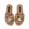 Laines London Women's Brown Teddy Toweling Slipper Sliders With White Foxglove Flowers & Duck Brooches - Toffee In Brown