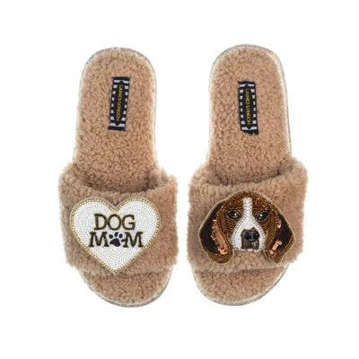 Laines London Women's Brown Teddy Toweling Slippers With Beagle & Dog Mum /mom Brooches - Toffee