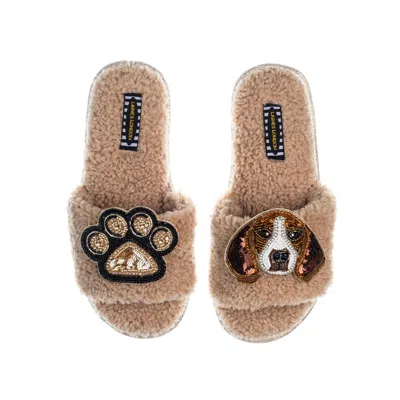 Laines London Women's Brown Teddy Toweling Slippers With Beagle & Paw Brooches - Toffee