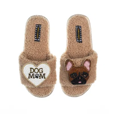 Laines London Women's Brown Teddy Toweling Slippers With Cookie The Frenchie & Dog Mum /mom Brooches - Toffee