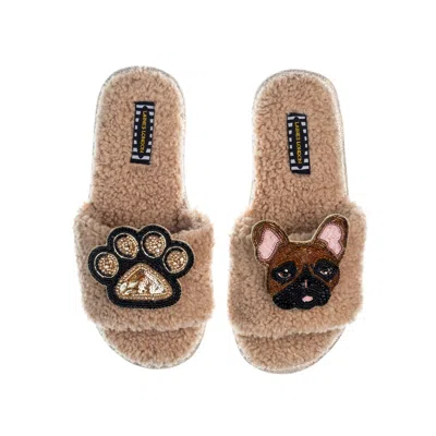 Laines London Women's Brown Teddy Toweling Slippers With Cookie The Frenchie & Paw Brooches - Toffee