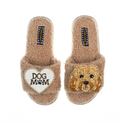 Laines London Women's Brown Teddy Toweling Slippers With Enki-doo The Cockapoo & Dog Mum /mom Brooches - Toffee