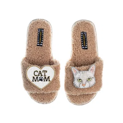 Laines London Women's Brown Teddy Toweling Slippers With Lily Cat & Cat Mom / Mum Brooches - Toffee