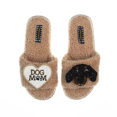 Laines London Women's Brown Teddy Toweling Slippers With Little Sausage & Dog Mum /mom Brooches - Toffee
